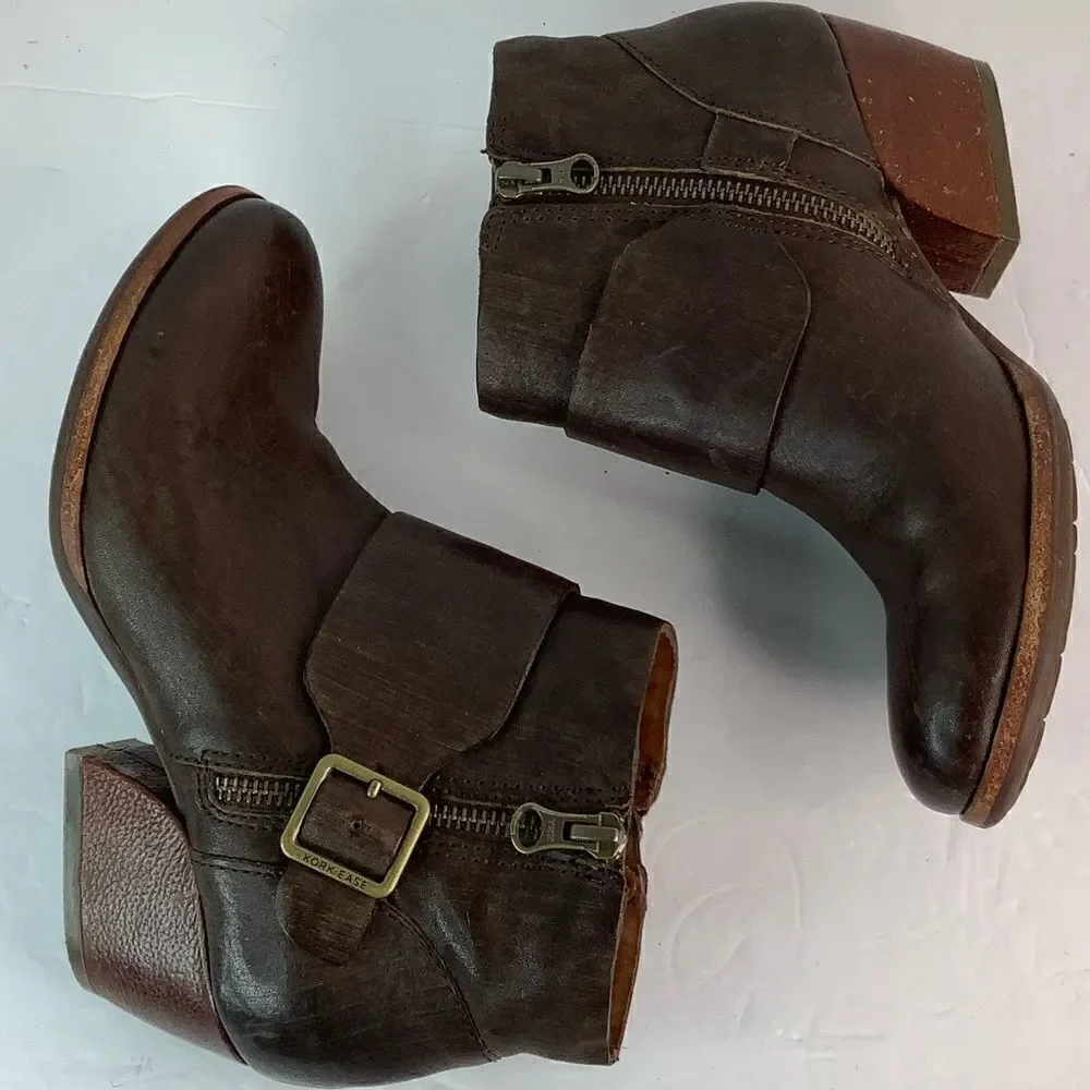Kork-Ease Block Heel Round Toe Belted Ankle Brown Leather Ankle Booties Sz 6M